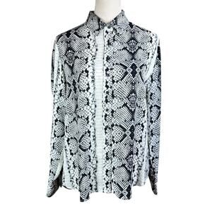 The Shirt Rochelle Behrens Black & White Snake Print Long Sleeve Button Blouse